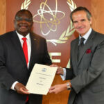 H.E. Amb. Robinson Njeru Githae, presenting credentials to H.E. Rafael Mariano Grossi, the Director-General of the International Atomic Energy Agency (IAEA) on 14th June, 2020, at the IAEA Offices at UN Office in Vienna.